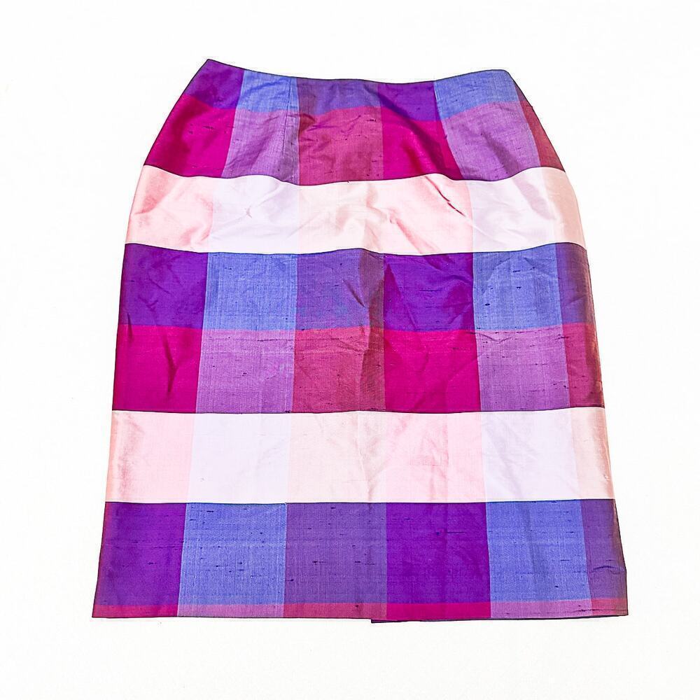 Jeremy Spenser Madras Plaid 100% Silk Checkered Pencil Skirt Purple Size 6